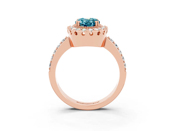 Rose gold Oval Cut Blue Topaz Halo Ring with Pavé Band and Prong Setting