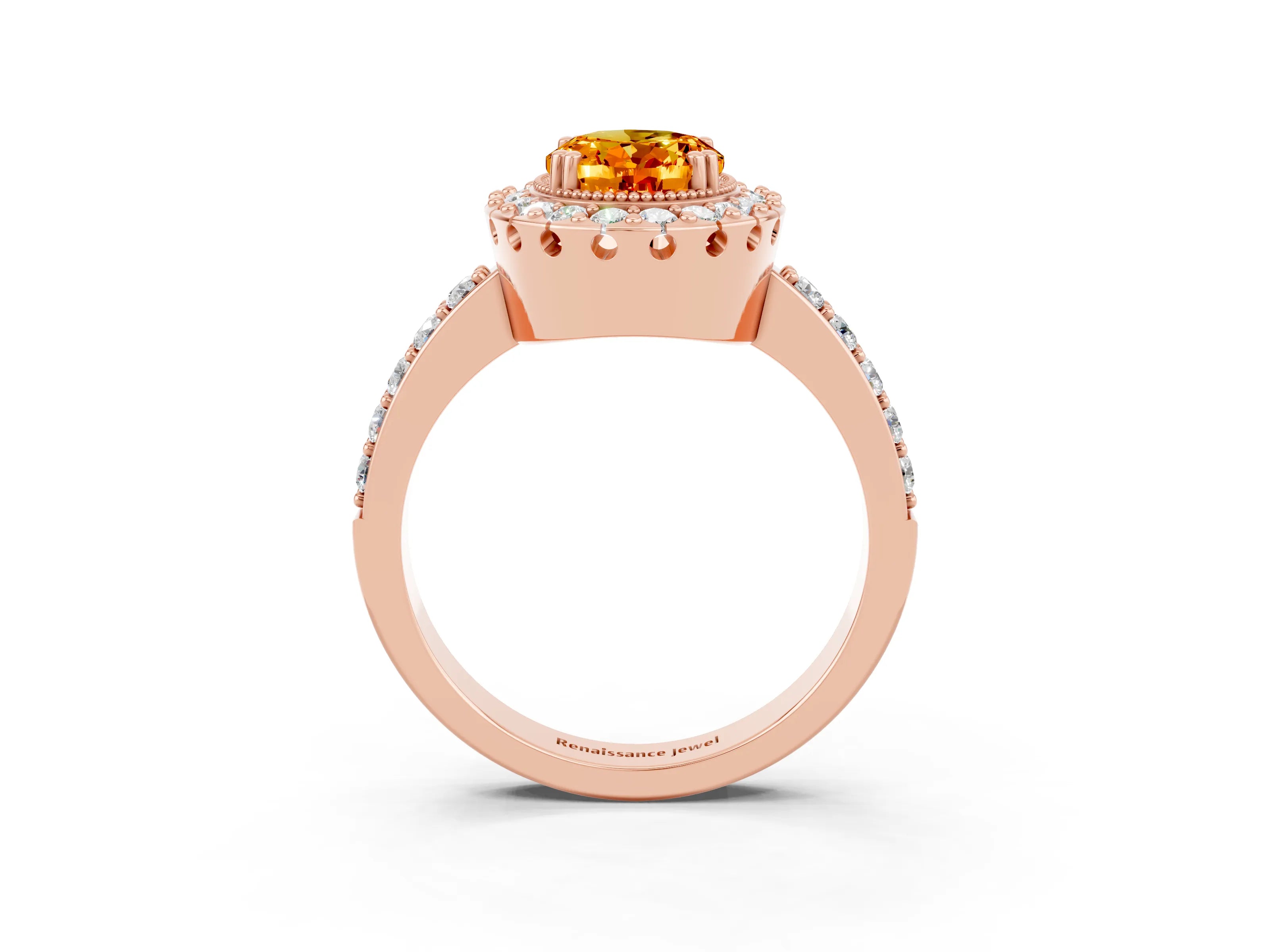 Rose gold Oval Cut Diamond Halo Ring with Pavé Band and Prong Setting_3