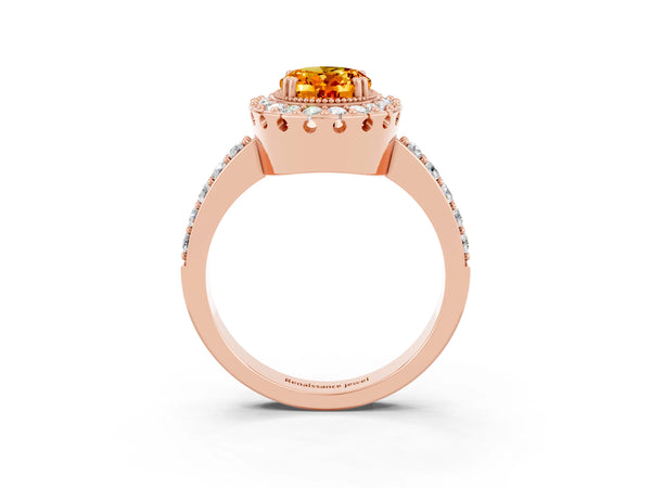 Rose gold Oval Cut Citrine Halo Ring with Pavé Band and Prong Setting