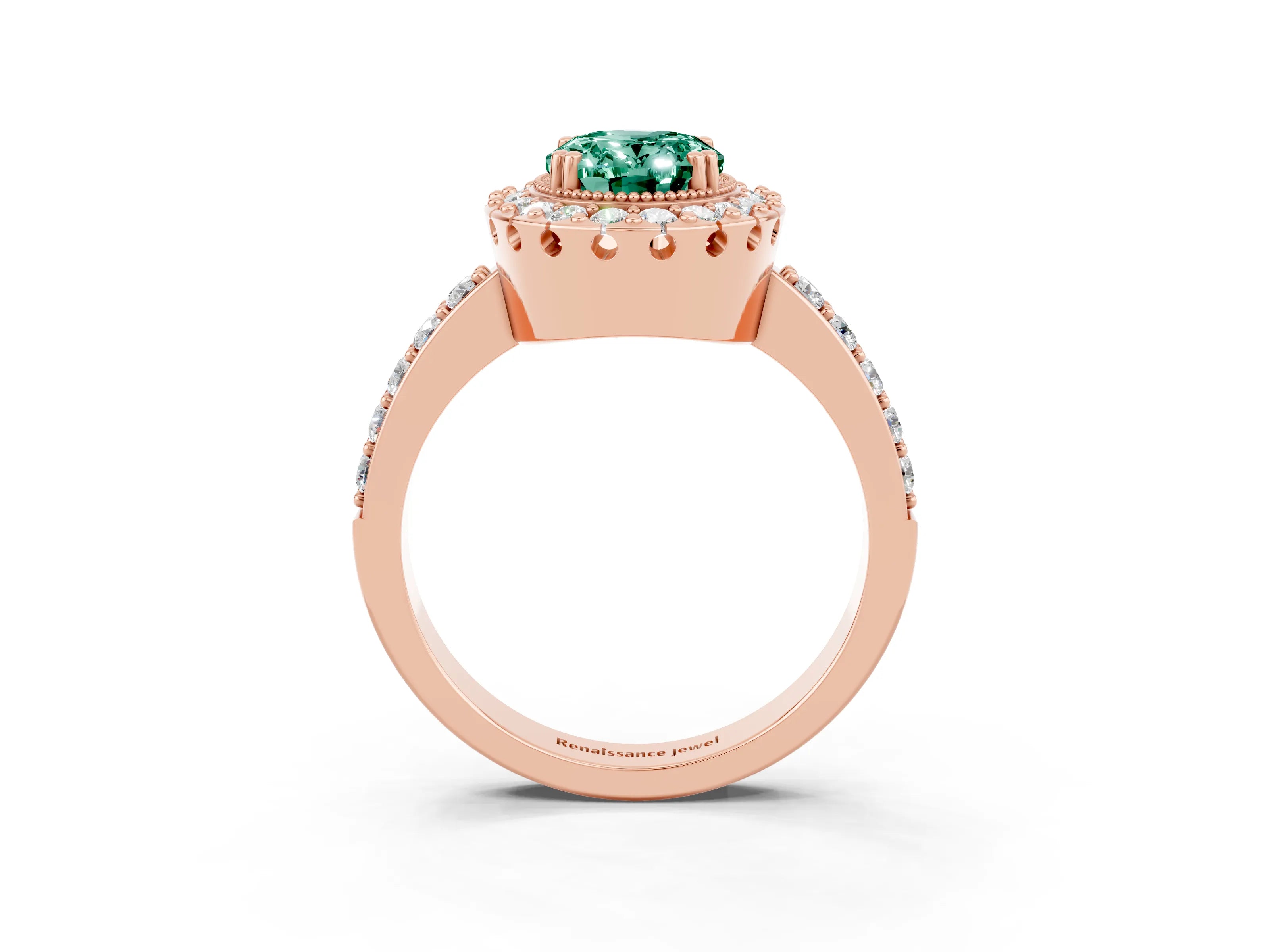 Rose gold Oval Cut Diamond Halo Ring with Pavé Band and Prong Setting_3