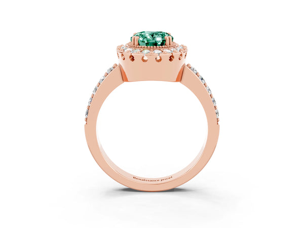 Rose gold Oval Cut Green Sapphire Halo Ring with Pavé Band and Prong Setting