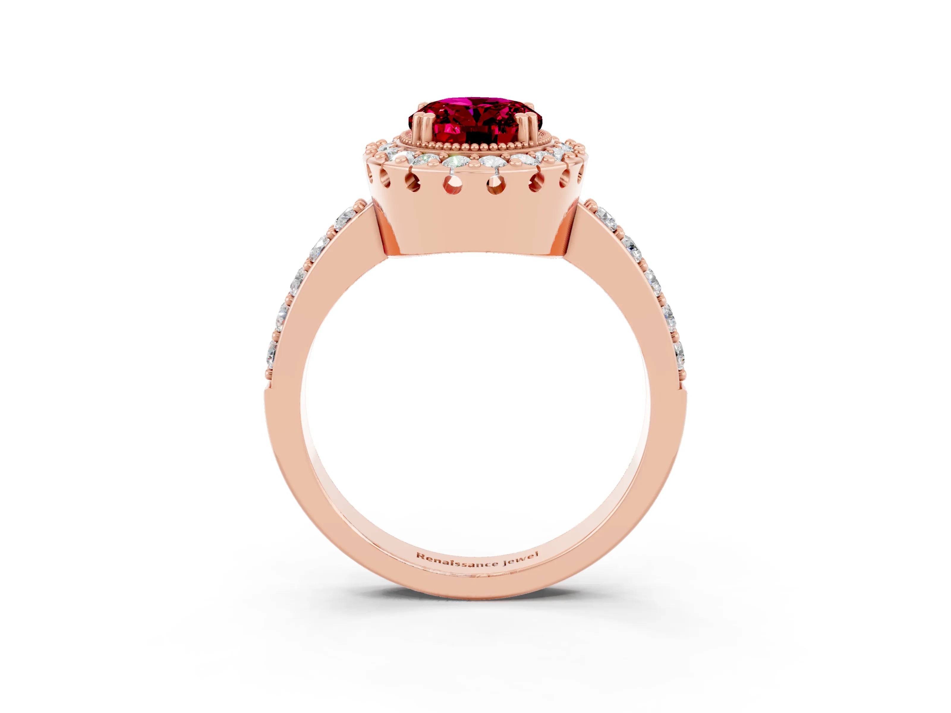 Rose gold Oval Cut Diamond Halo Ring with Pavé Band and Prong Setting_3