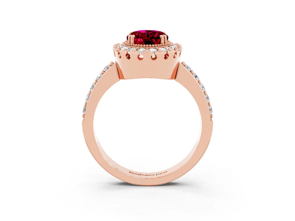 Rose gold Oval Cut Garnet Halo Ring with Pavé Band and Prong Setting