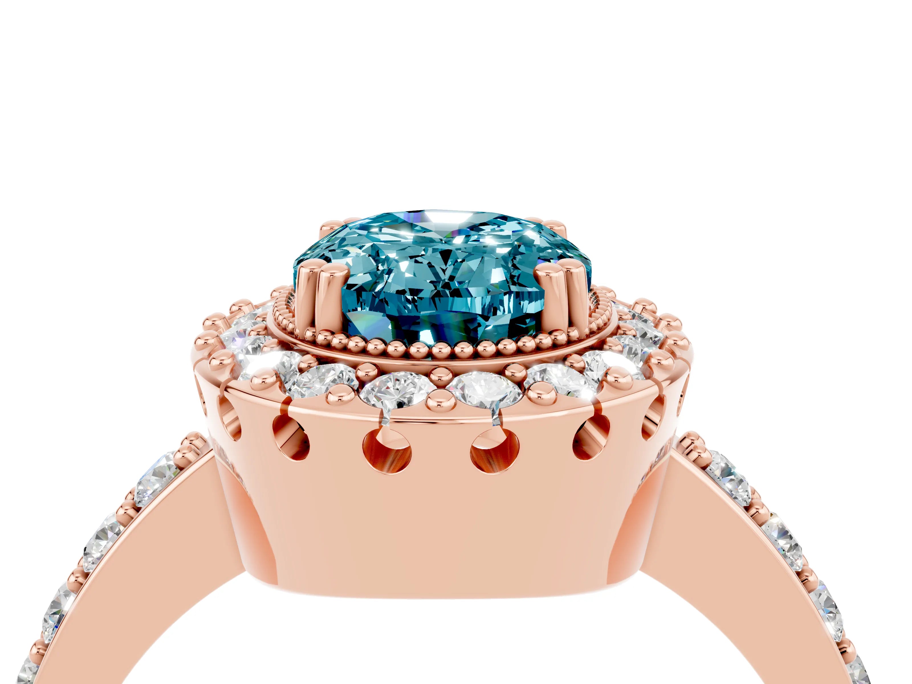 Rose gold Oval Cut Diamond Halo Ring with Pavé Band and Prong Setting_4