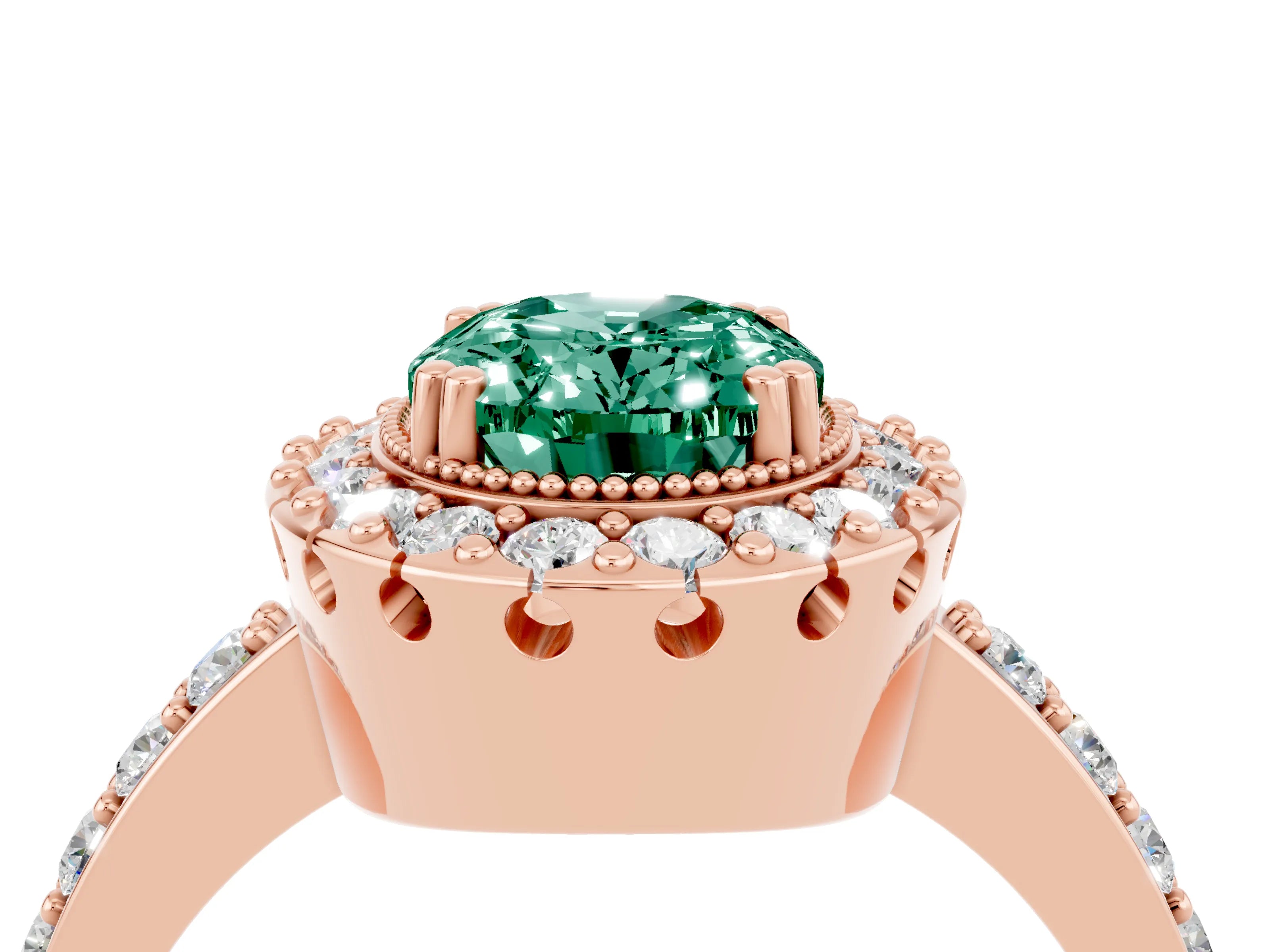Rose gold Oval Cut Diamond Halo Ring with Pavé Band and Prong Setting_4