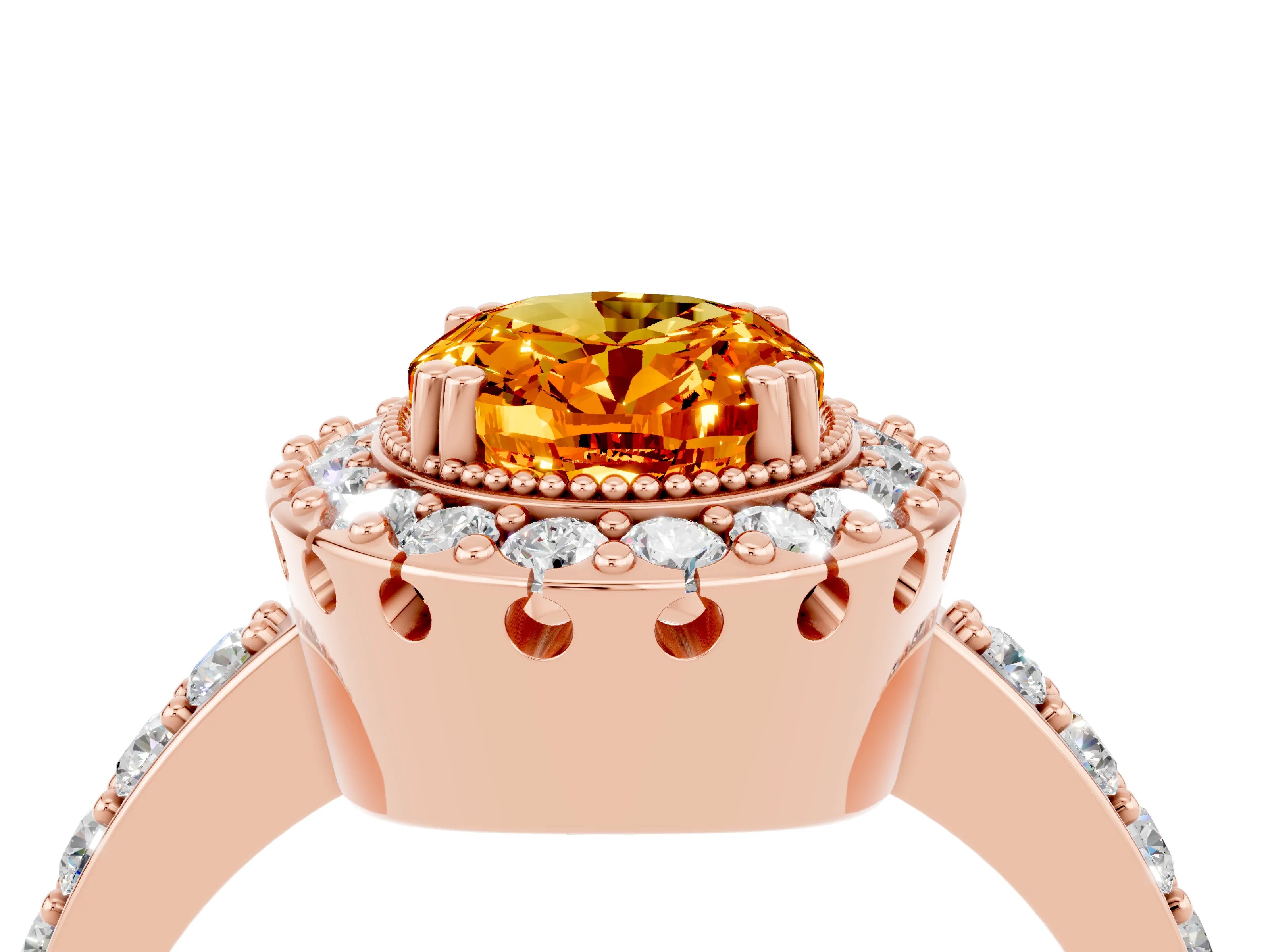 Rose gold Oval Cut Diamond Halo Ring with Pavé Band and Prong Setting_4