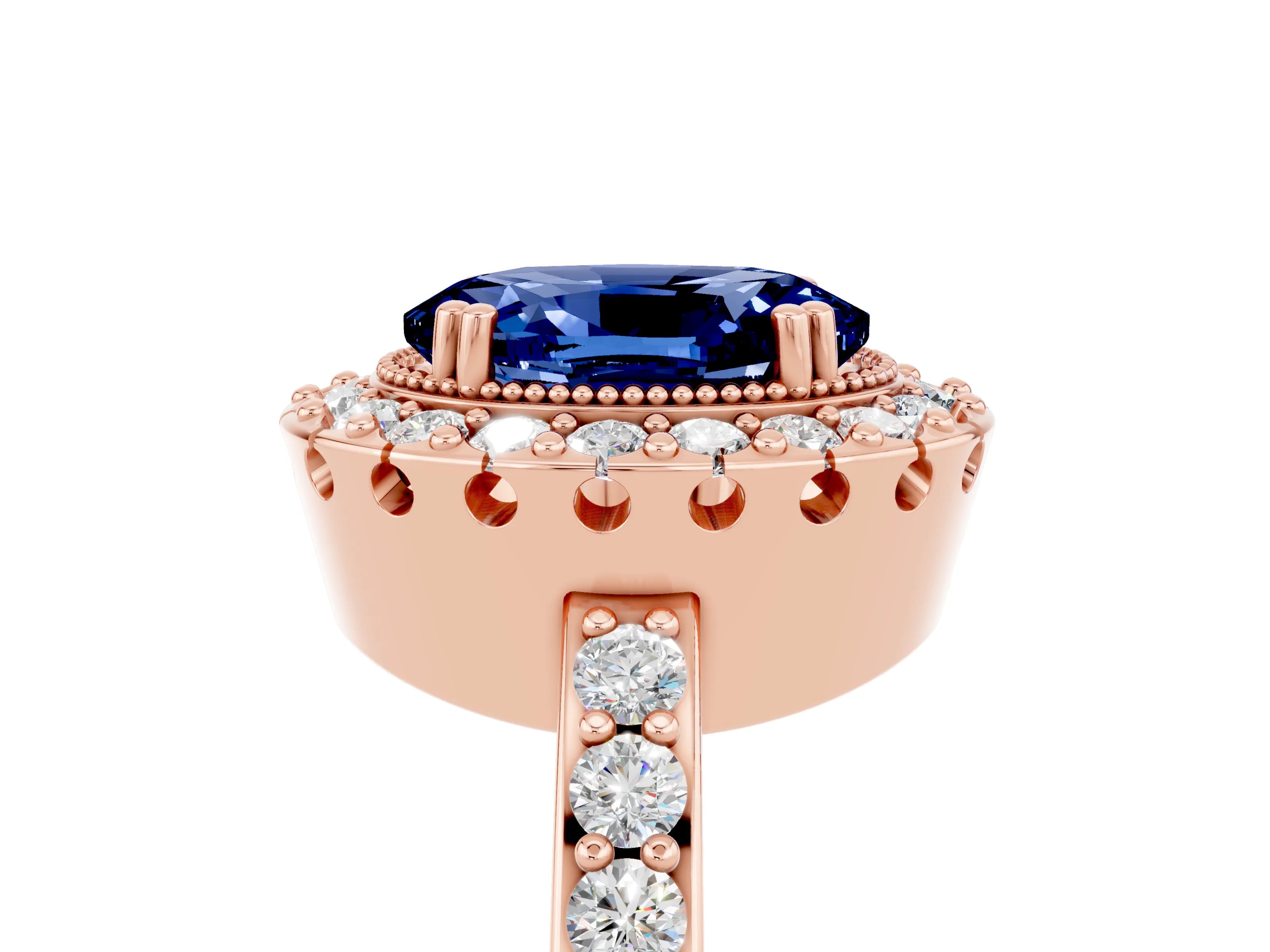 Rose gold Oval Cut Diamond Halo Ring with Pavé Band and Prong Setting_5