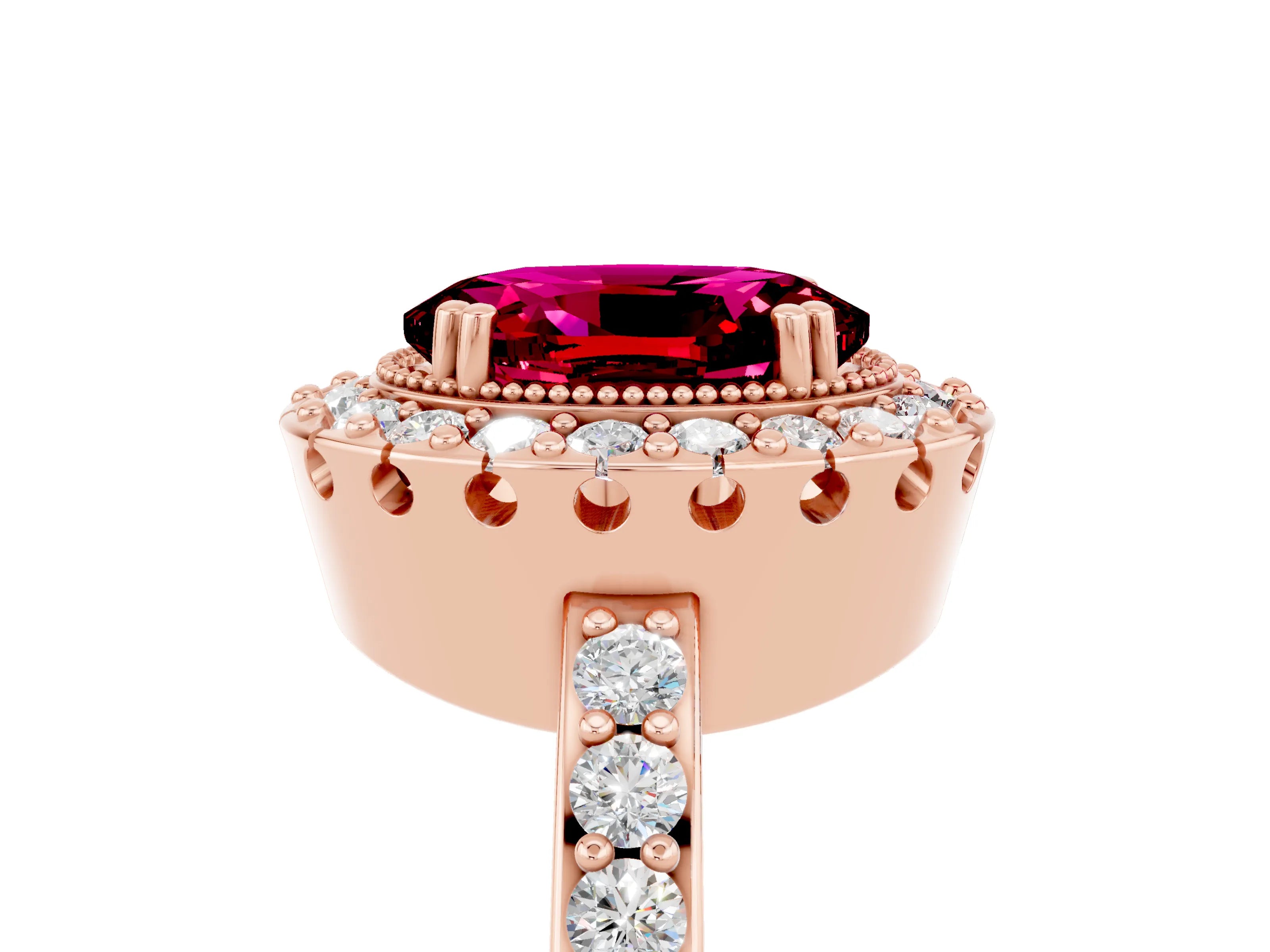 Rose gold Oval Cut Diamond Halo Ring with Pavé Band and Prong Setting_5