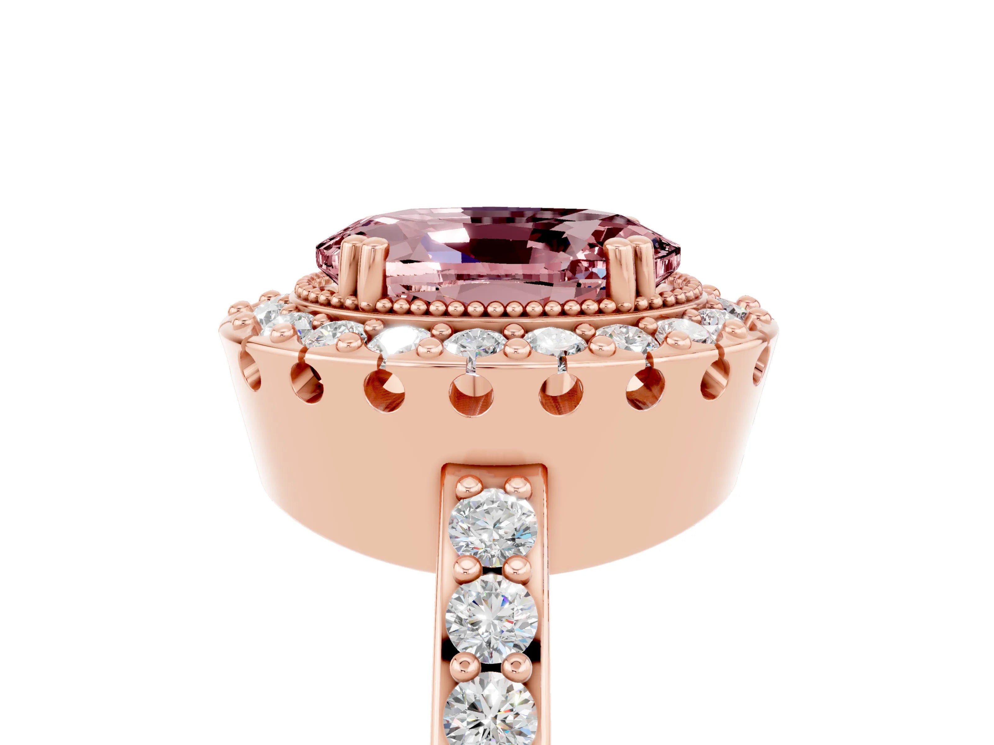 Rose gold Oval Cut Diamond Halo Ring with Pavé Band and Prong Setting_5