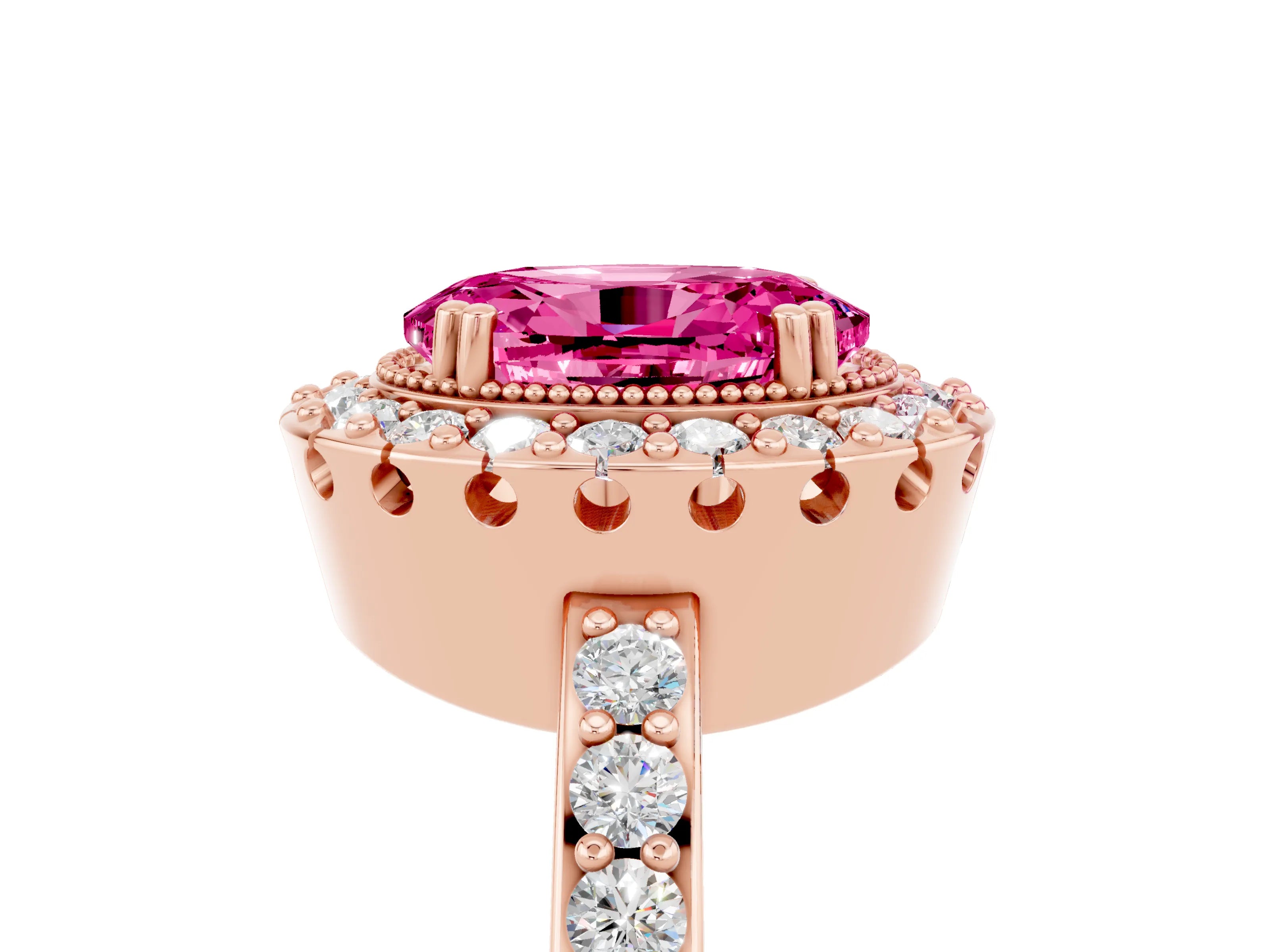 Rose gold Oval Cut Diamond Halo Ring with Pavé Band and Prong Setting_5