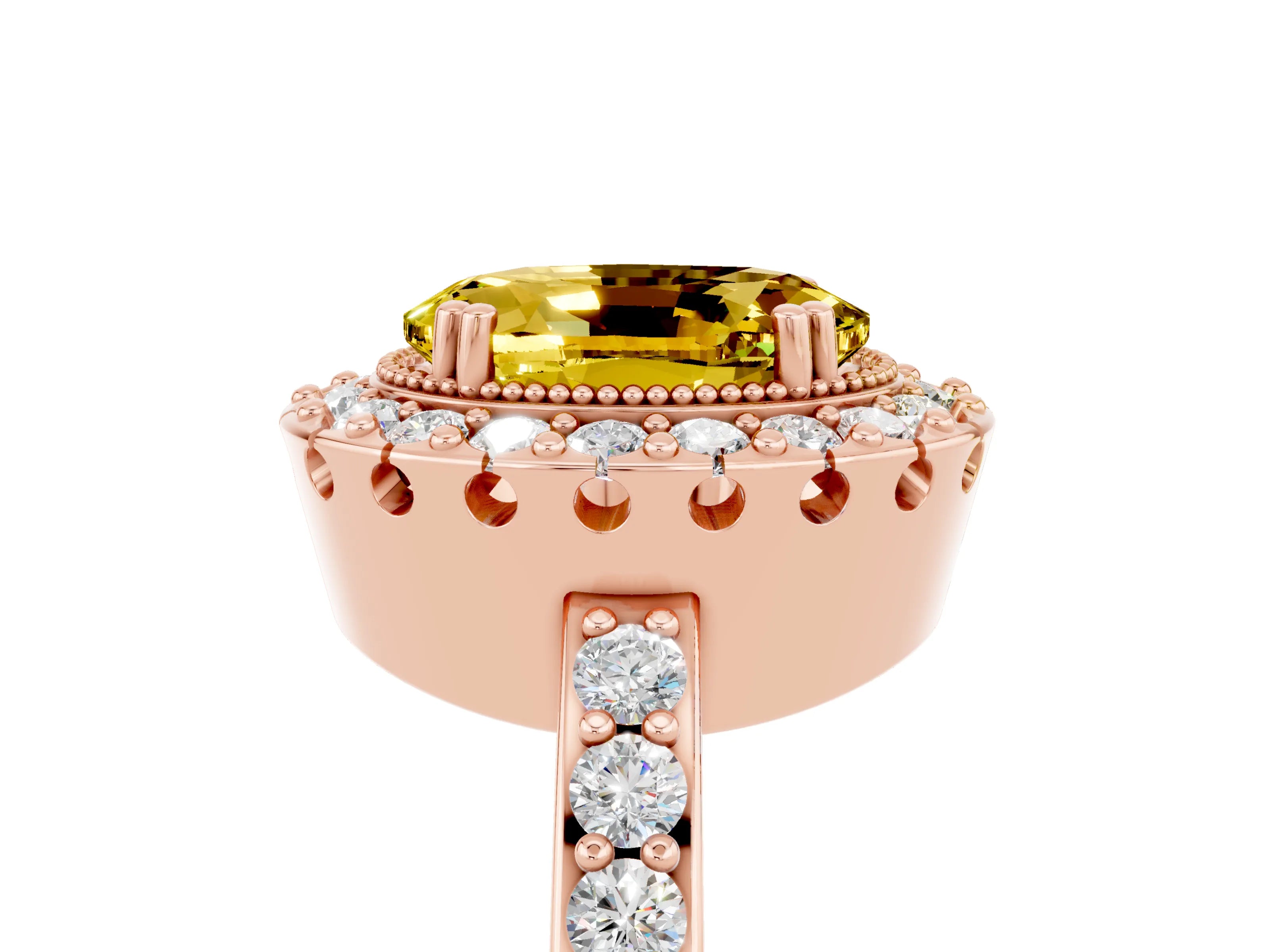 Rose gold Oval Cut Diamond Halo Ring with Pavé Band and Prong Setting_5