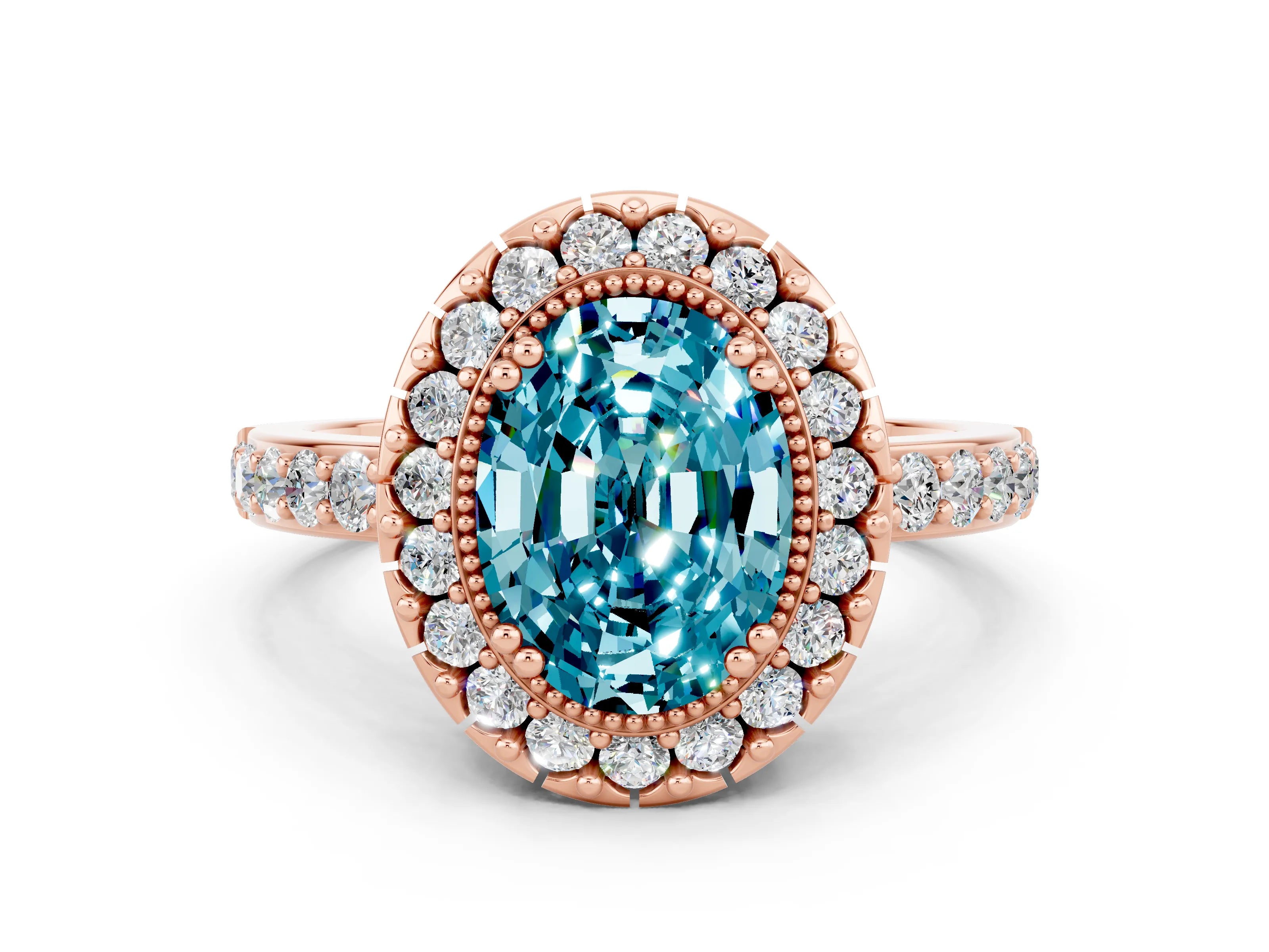 Rose gold Oval Cut Diamond Halo Ring with Pavé Band and Prong Setting