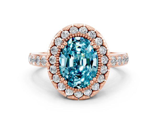Rose gold Oval Cut Blue Topaz Halo Ring with Pavé Band and Prong Setting