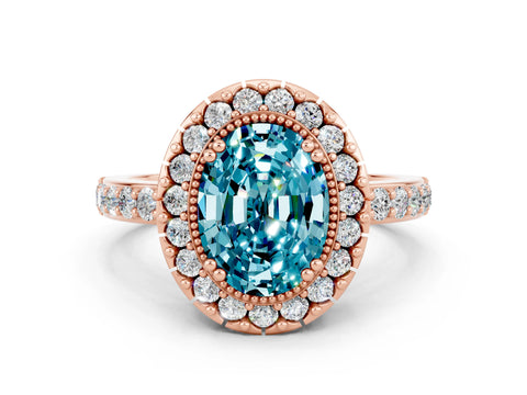 Rose gold Oval Cut Diamond Halo Ring with Pavé Band and Prong Setting