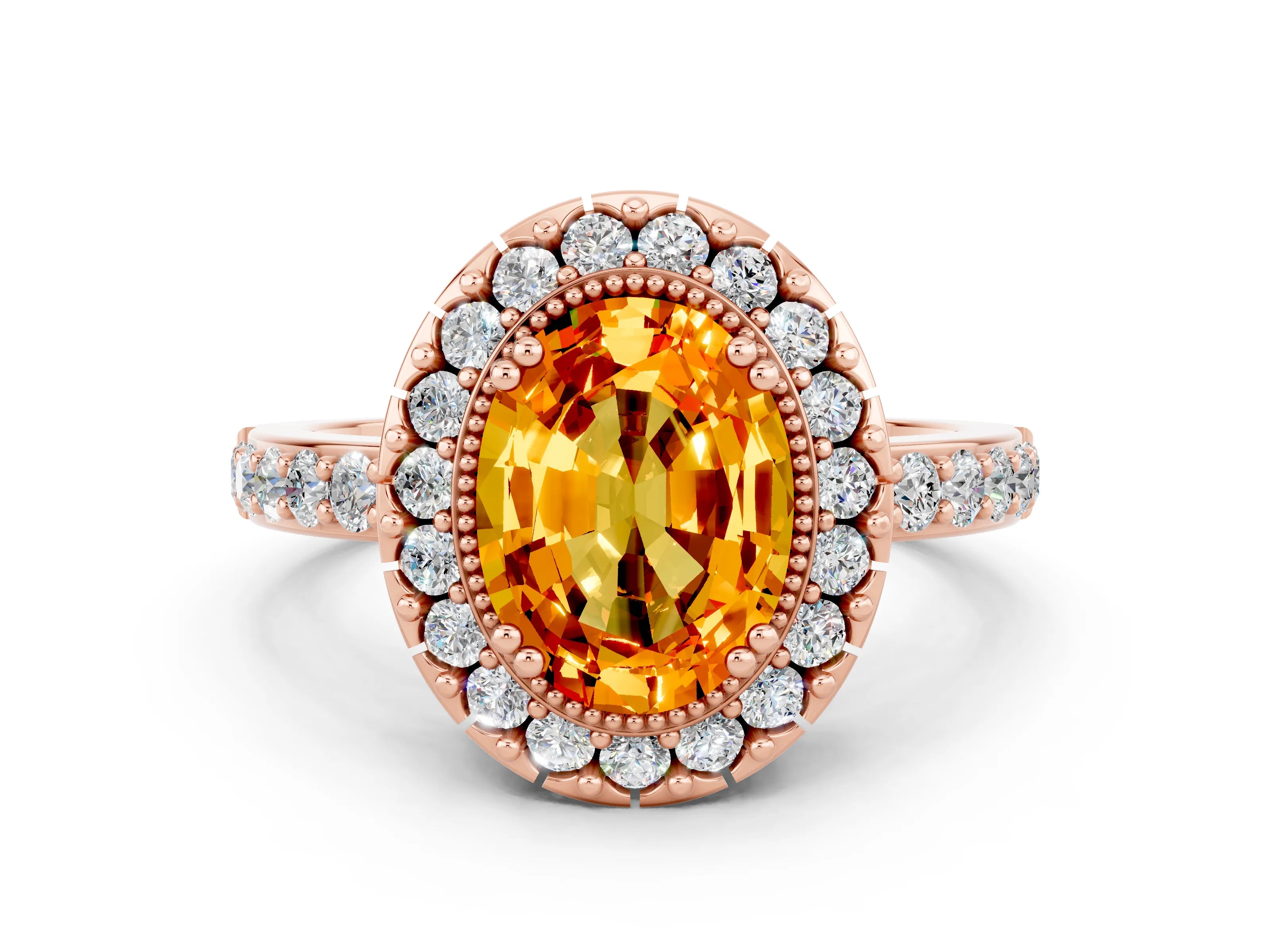 Rose gold Oval Cut Diamond Halo Ring with Pavé Band and Prong Setting
