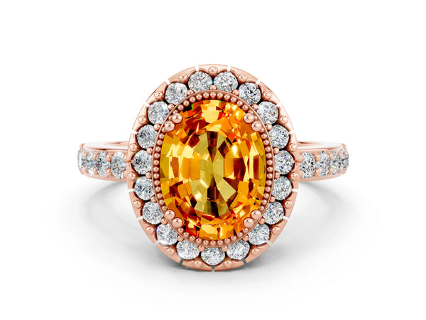 Rose gold Oval Cut Citrine Halo Ring with Pavé Band and Prong Setting