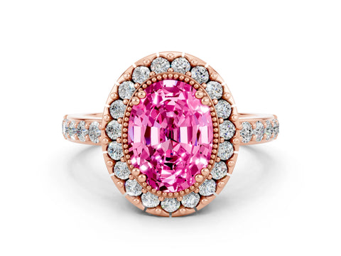 Rose gold Oval Cut Diamond Halo Ring with Pavé Band and Prong Setting