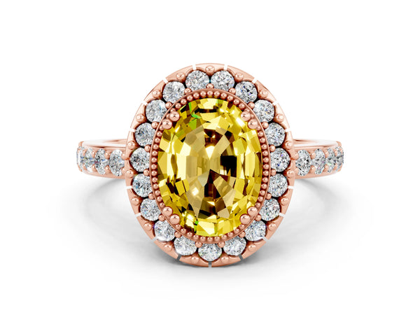 Rose gold Oval Cut Yellow Sapphire Halo Ring with Pavé Band and Prong Setting