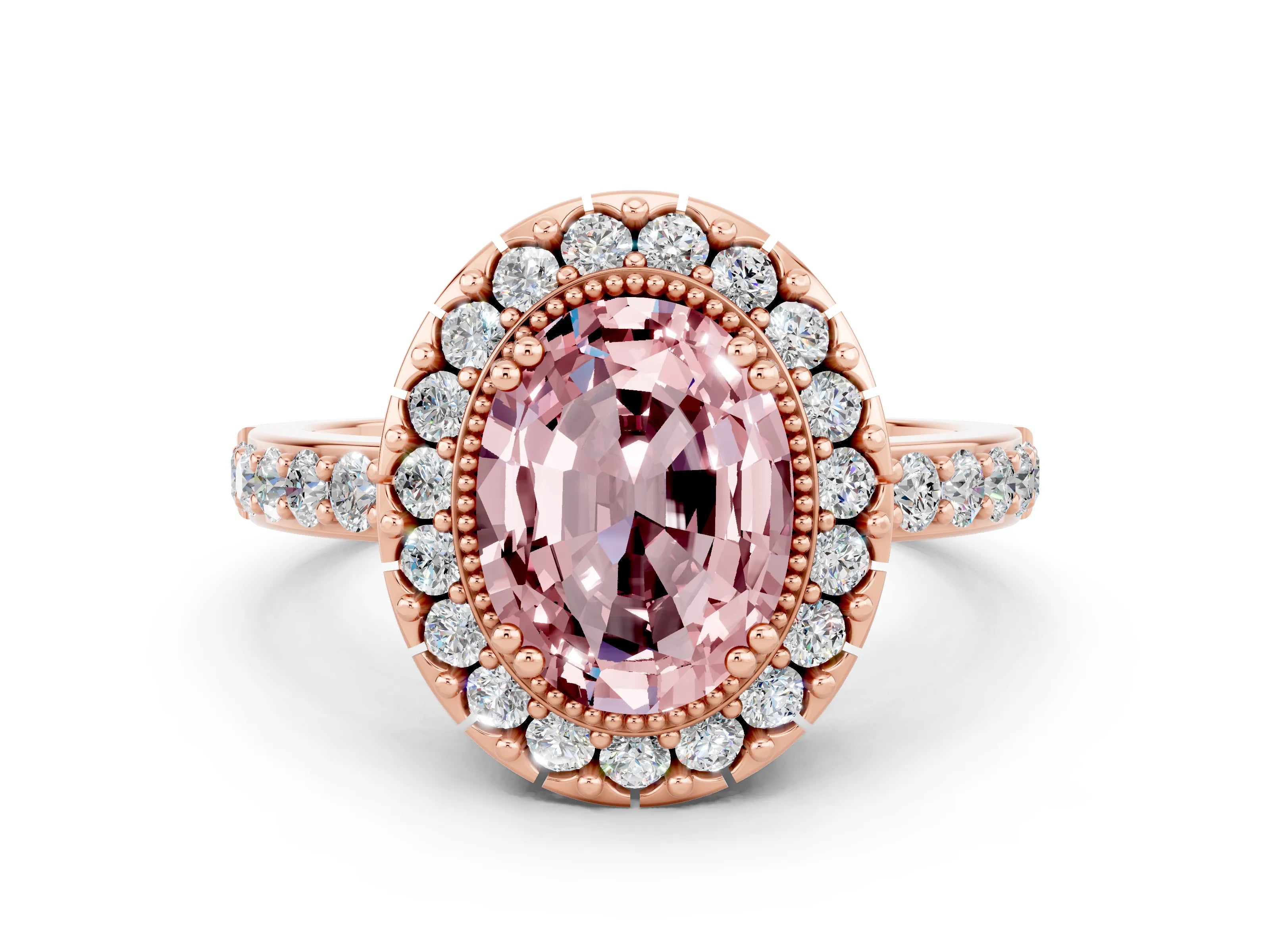 Rose gold Oval Cut Diamond Halo Ring with Pavé Band and Prong Setting