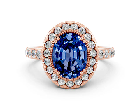 Rose gold Oval Cut Diamond Halo Ring with Pavé Band and Prong Setting