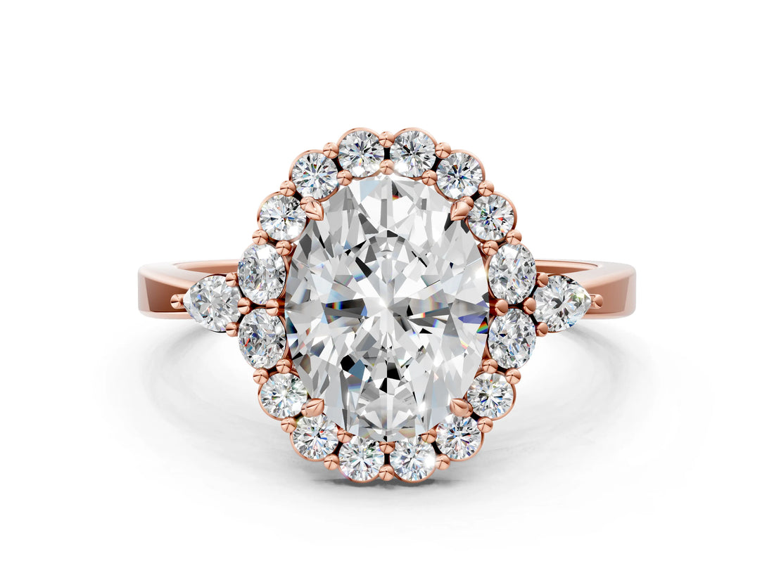 Rose gold Oval Cut Diamond Halo Ring with Pear Side Stones and Prong Setting_57