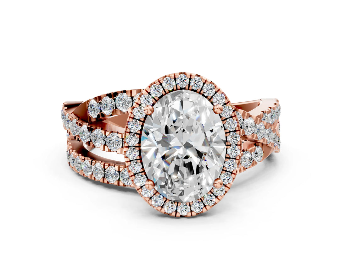 Rose gold Oval Cut Diamond Halo Ring with Round Split Shank and Prong Setting_48