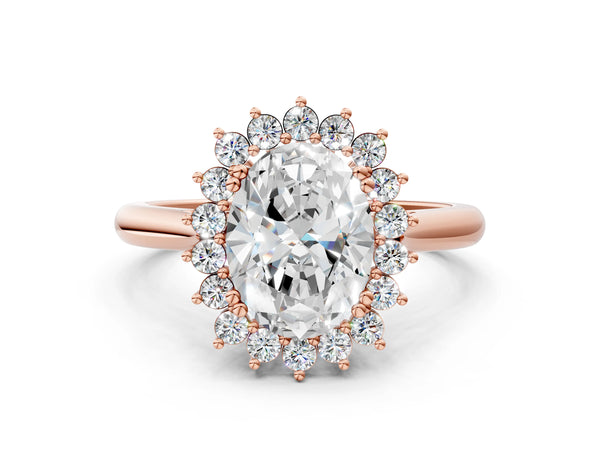 Rose gold Oval Cut Diamond Halo Ring with Solitaire Band and Prong Setting