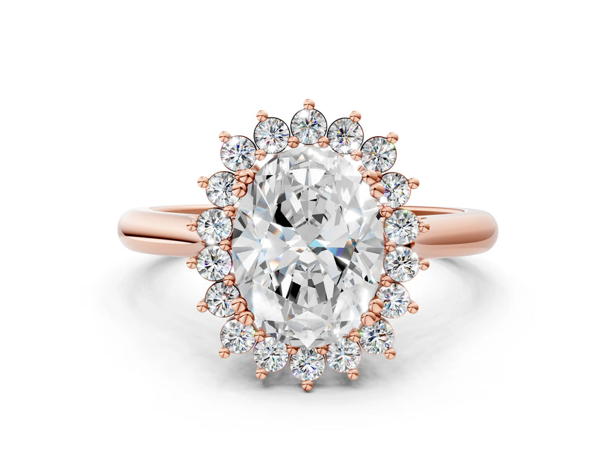 Rose gold Oval Cut Diamond Halo Ring with Solitaire Band and Prong Setting