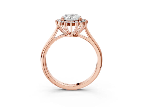 Rose gold Oval Cut Diamond Halo Ring with Solitaire Band and Prong Setting