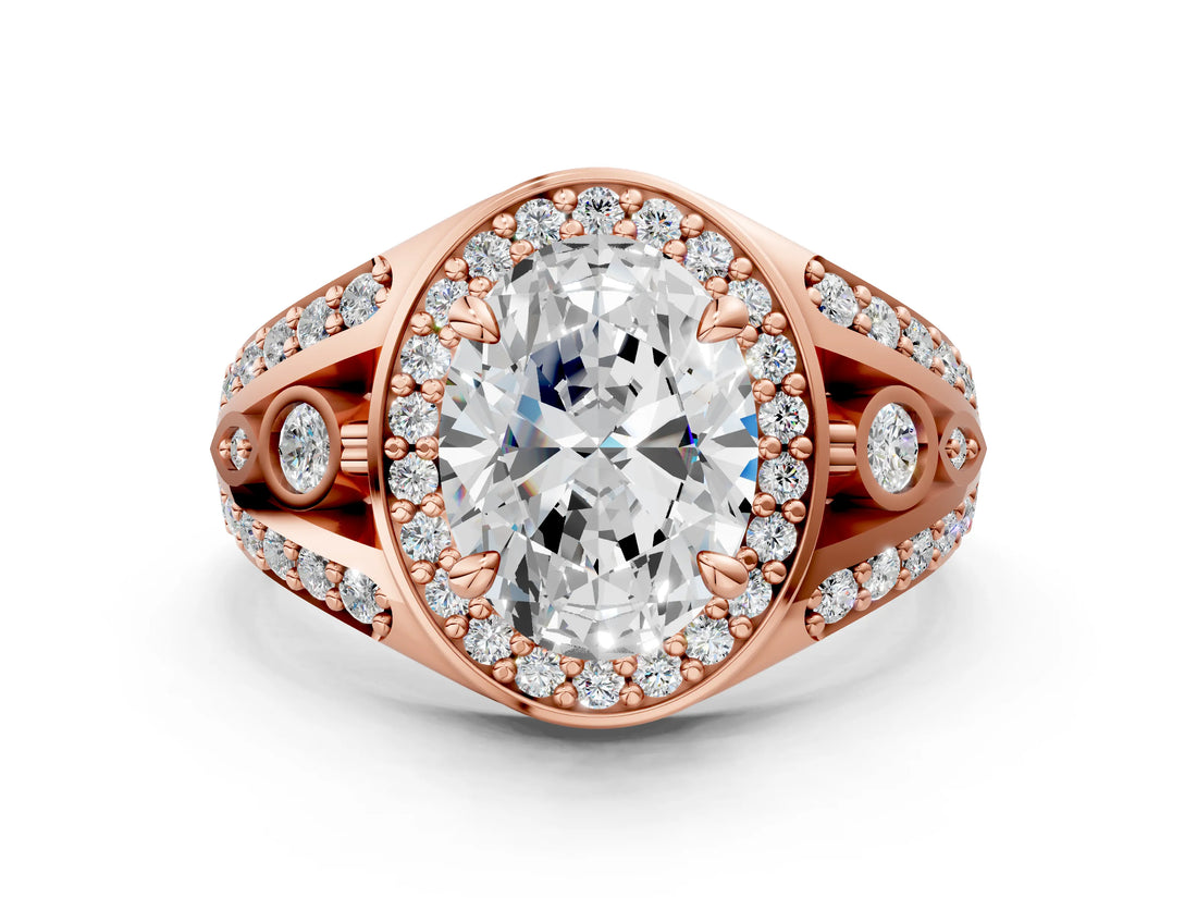 Rose gold Oval Cut Diamond Halo Ring with Split Shank and Bezel Accents and Four-Prong Setting_9