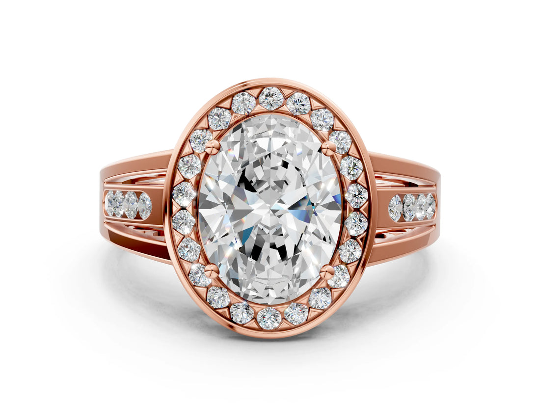 Rose gold Oval Cut Diamond Halo Ring with Split Shank and Bezel Accents and Prong Setting_14