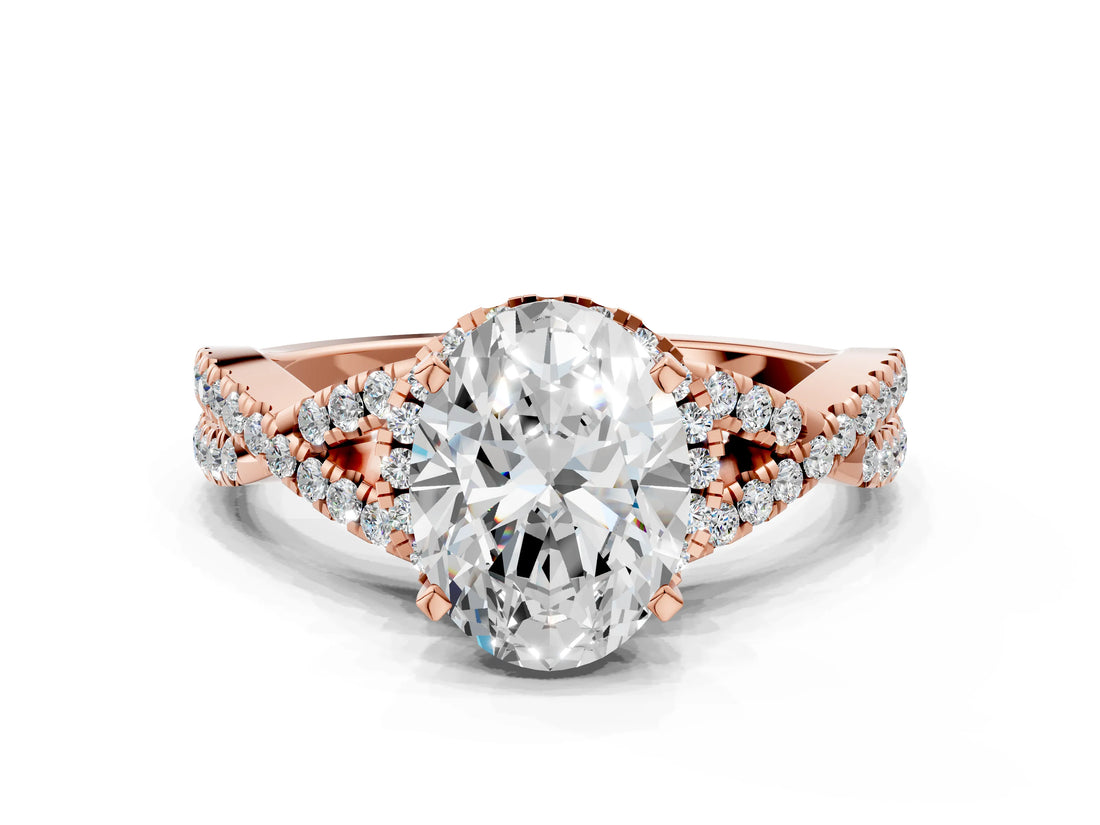 Rose gold Oval Cut Diamond  Halo Twist Band Solitaire Prong Setting Ring_109