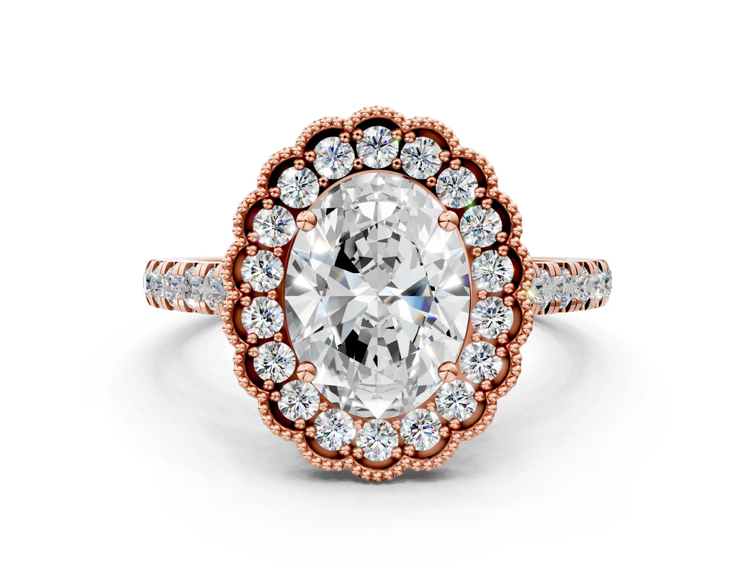 Rose gold Oval Cut Diamond Milgrain Floral Halo Engagement Ring with Pavé Band_21