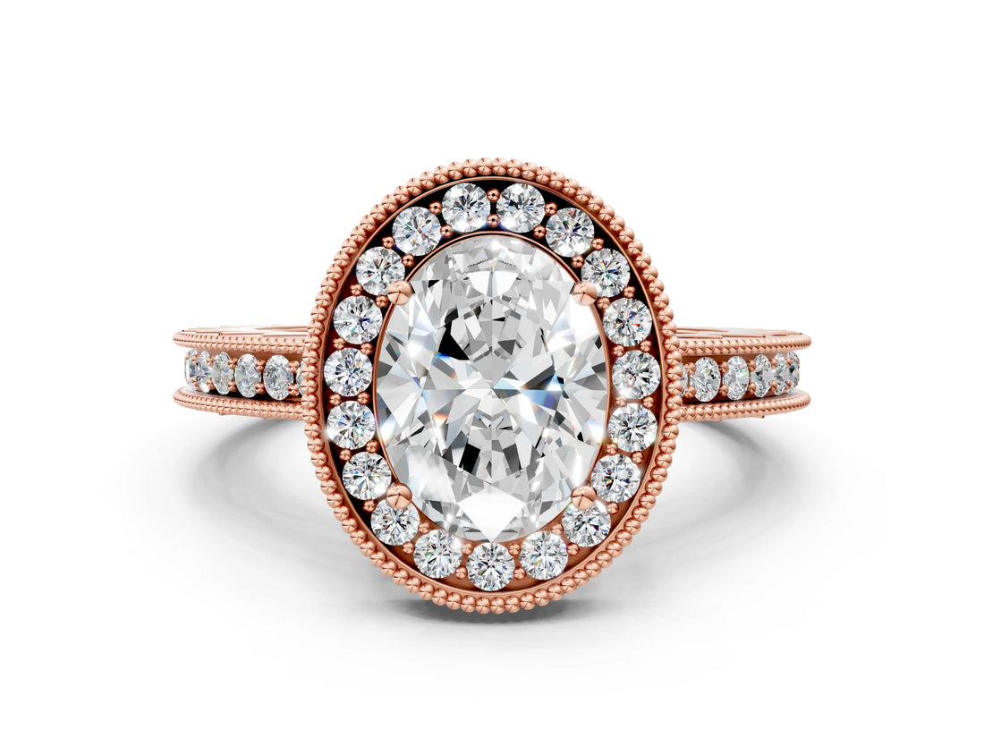 Rose gold Oval Cut Diamond Milgrain Halo Engagement Ring with Round Pavé Band and Prong Setting_12