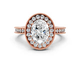 Rose gold Oval Cut Diamond Milgrain Halo Engagement Ring with Round Pavé Band and Prong Setting_12