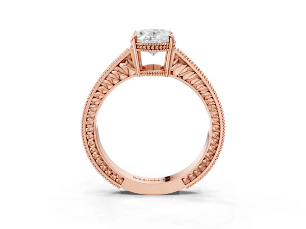Rose gold Oval Cut Diamond Milgrain Pave Band Four-Prong Setting Ring