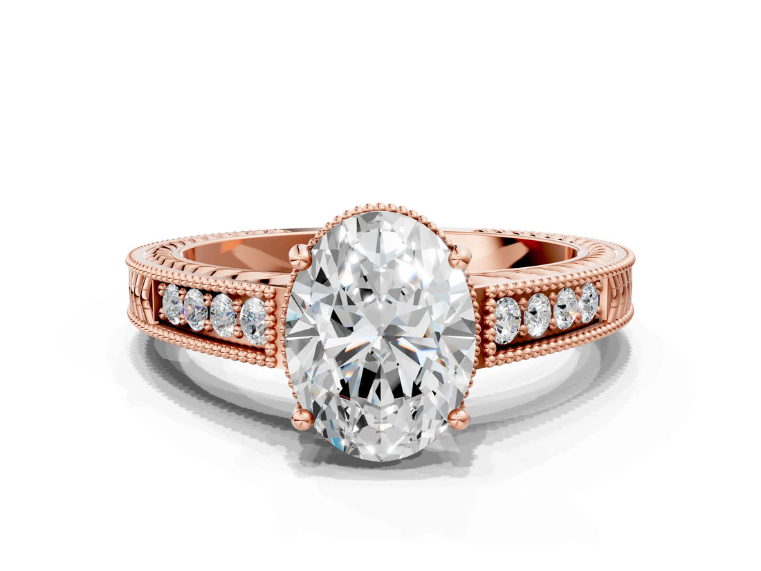 Rose gold Oval Cut Diamond Milgrain Pave Band Four-Prong Setting Ring_7