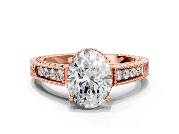 Rose gold Oval Cut Diamond Milgrain Pave Band Four-Prong Setting Ring
