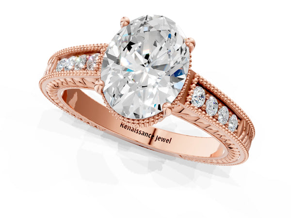 Rose gold Oval Cut Diamond Milgrain Pave Band Four-Prong Setting Ring