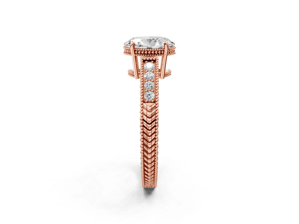 Rose gold Oval Cut Diamond Milgrain Pave Band Four-Prong Setting Ring