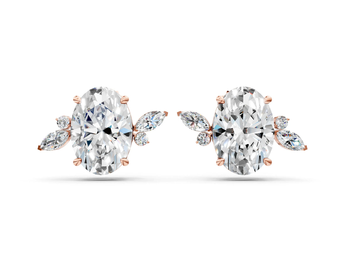 Rose gold Oval Cut Diamond Nature-Inspired Stud Earrings with Marquise and Round Accents_8