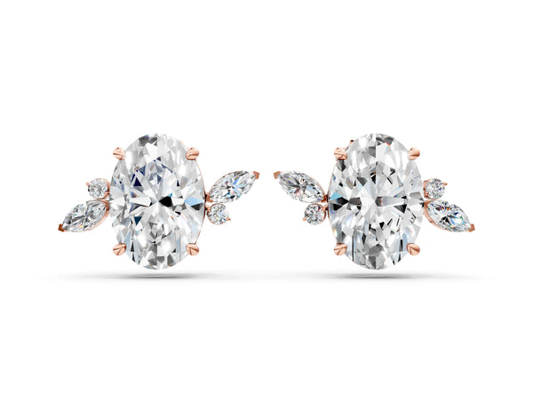 Rose gold Oval Cut Diamond Nature-Inspired Stud Earrings with Marquise and Round Accents