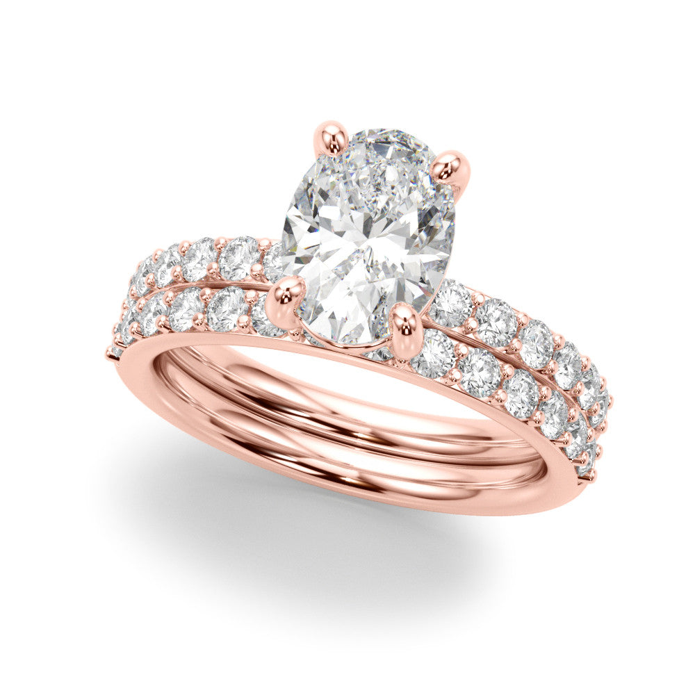 Rose gold Oval Cut Diamond Pavé Band Solitaire Ring with Four-Prong Setting 1
