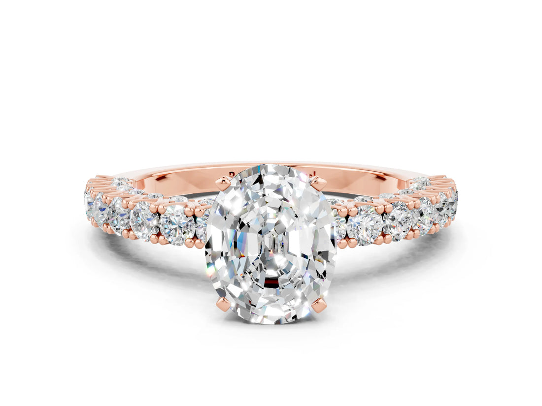 Rose gold Oval Cut Diamond Pavé Band Solitaire Ring with Prong Setting