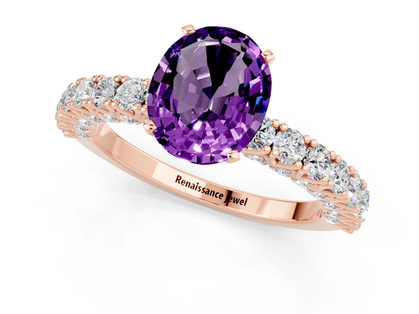 Rose gold Oval Cut Amethyst Solitaire Ring with Round Accent Pavé Band and Prong Setting