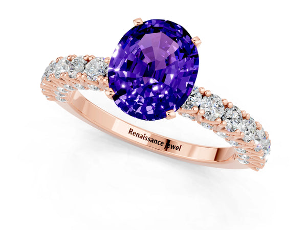 Rose gold Oval Cut Diamond Pavé Band Solitaire Ring with Prong Setting