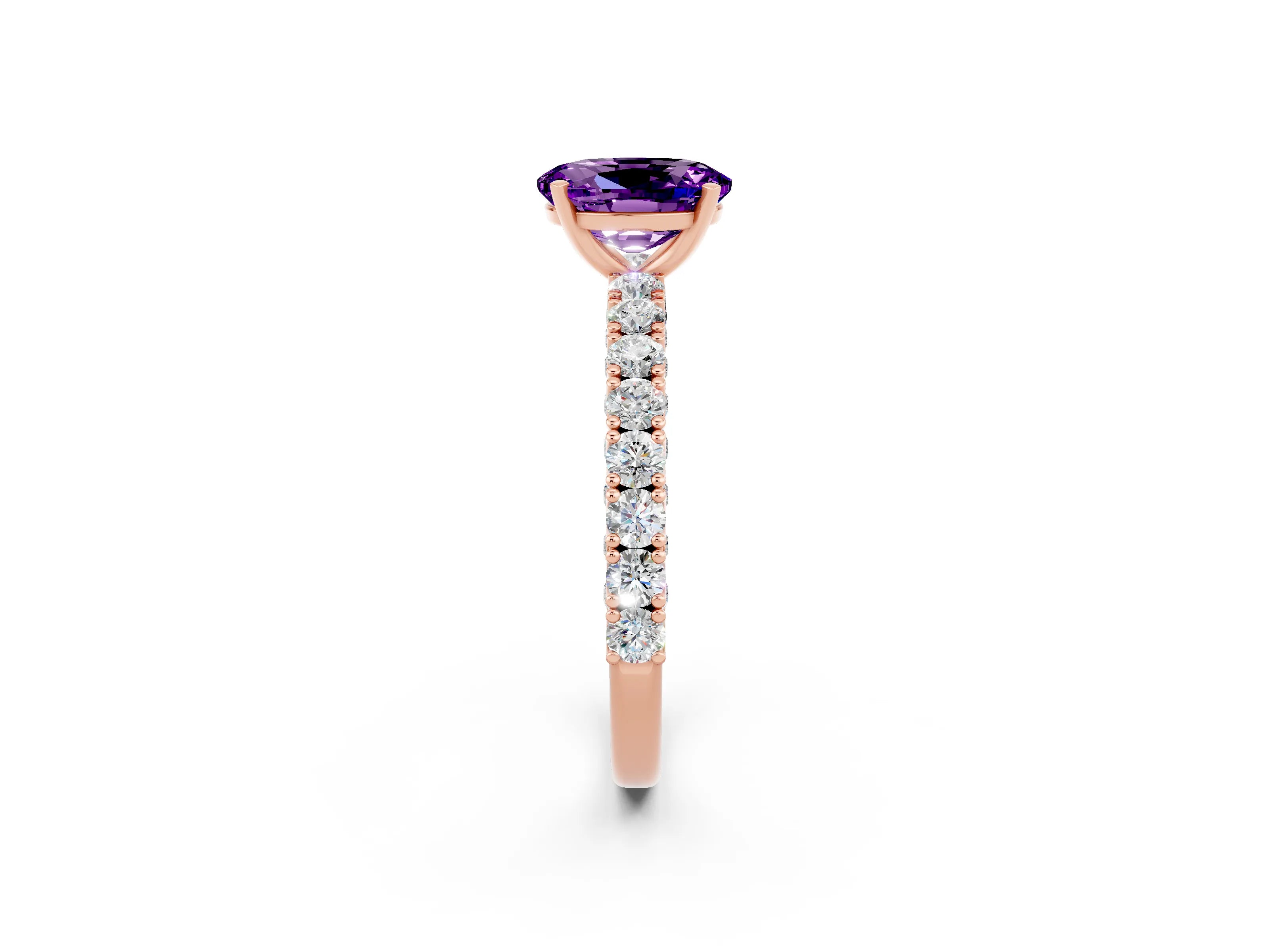 Rose gold Oval Cut Diamond Pavé Band Solitaire Ring with Prong Setting_2