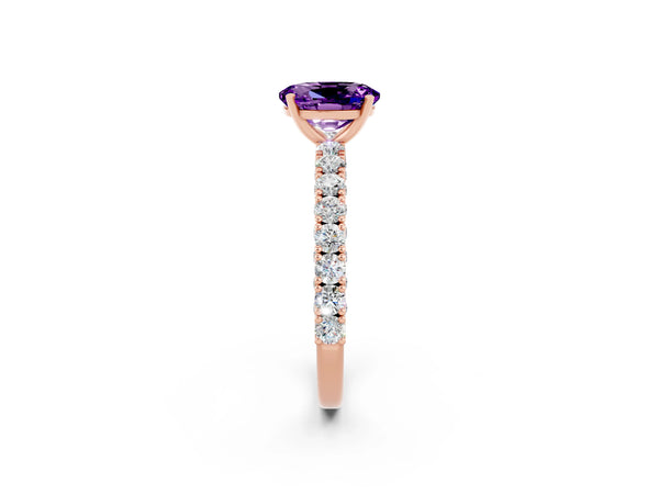 Rose gold Oval Cut Amethyst Solitaire Ring with Round Accent Pavé Band and Prong Setting