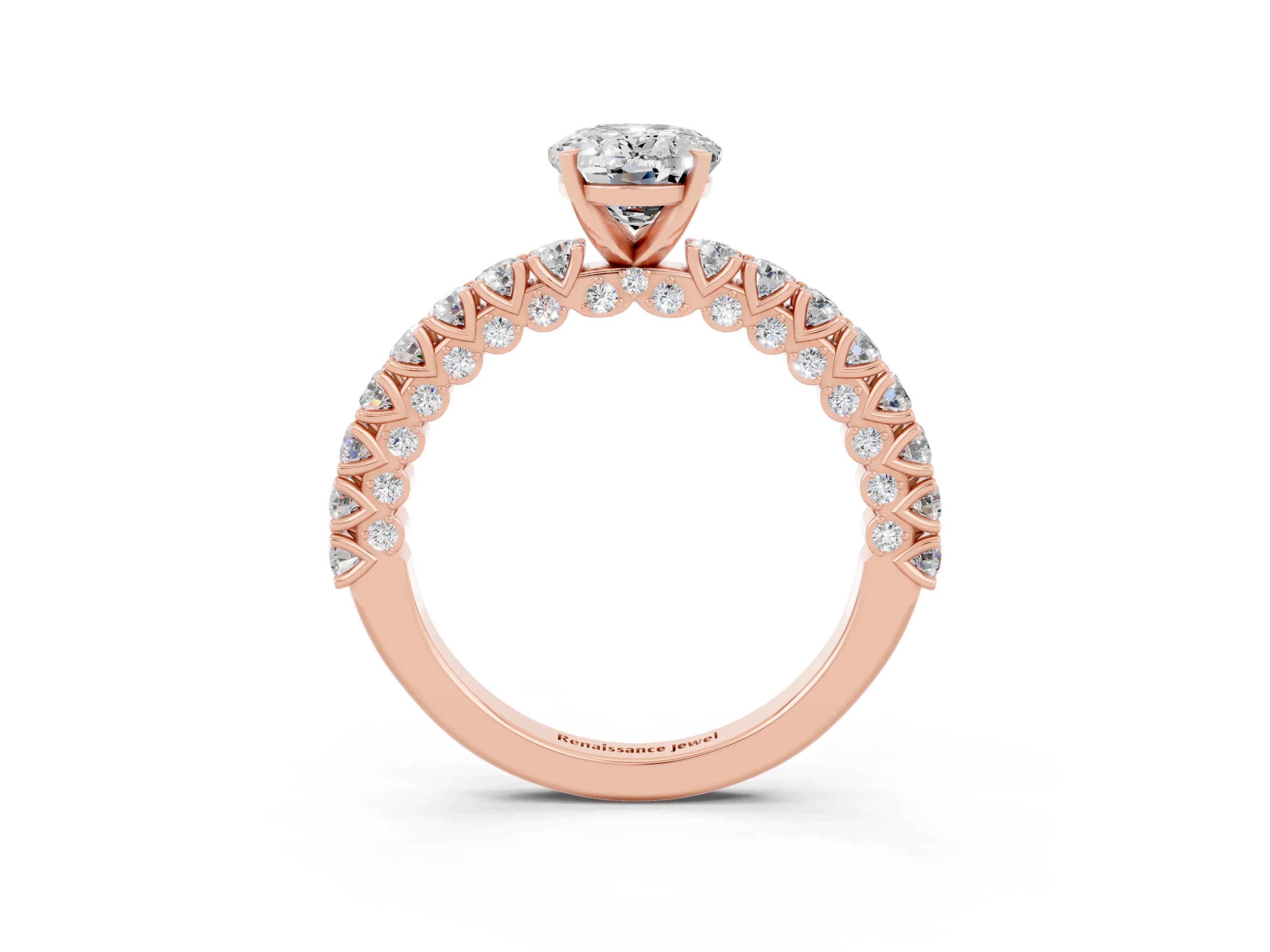 Rose gold Oval Cut Diamond Pavé Band Solitaire Ring with Prong Setting_3