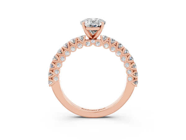 Rose gold Oval Cut Diamond Pavé Band Solitaire Ring with Prong Setting
